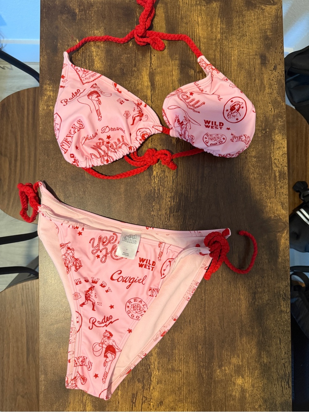 Women’s Pink Wild West Cowgirl Print Bikini with Red Ties